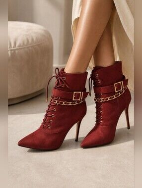 ShoeDazzle Carlene Red Chain Detail Stiletto Booties Size 9.5 NIB